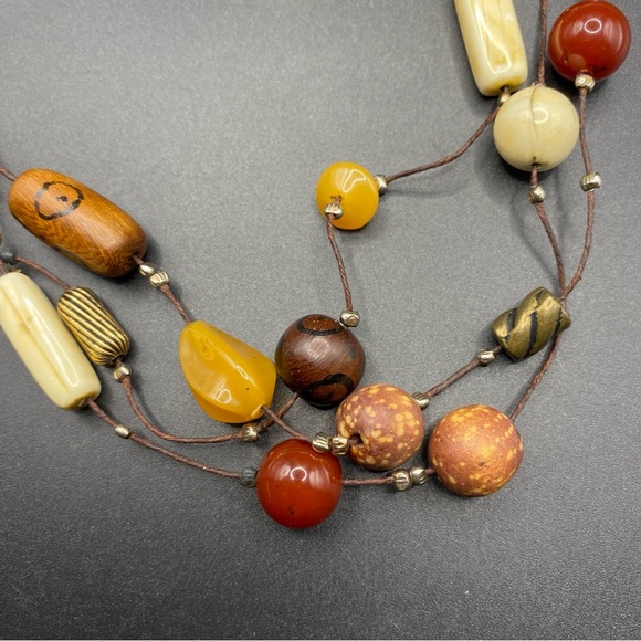 Triple Strand Bohemian Natural Bead Necklace - Picture 2 of 10